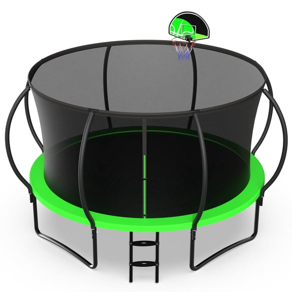 Jump Into Fun 12FT Trampoline 1200LBS for 6 Kids and Adults, Galvanized Anti-Rust Coating Pumpkin Outdoor Trampolines with Enclosure Net and Basketball Hoop, Gift Family Use