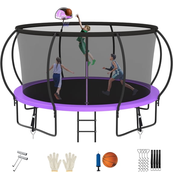Jump Into Fun 12FT Trampoline 1200LBS for 6 Kids and Adults, Galvanized Anti-Rust Coating Pumpkin Outdoor Trampolines with Enclosure Net and Basketball Hoop, Gift Family Use