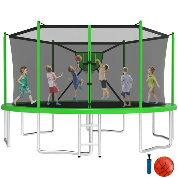 Jump Into Fun Trampoline 16FT 8 10 12 14 15 FT Outdoor Trampoline for Kids and Adults with Enclosure and Basketball Hoop, 1500LBS Weight Capacity for 8-10 Adults and Kids, Easy Assembly