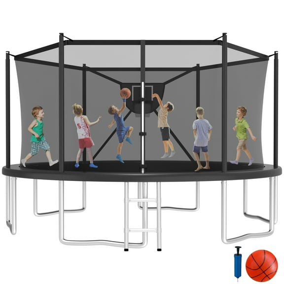 Jump Into Fun Trampoline 16FT 8 10 12 14 15 FT Outdoor Trampoline for Kids and Adults with Enclosure and Basketball Hoop, 1500LBS Weight Capacity for 8-10 Adults and Kids, Easy Assembly