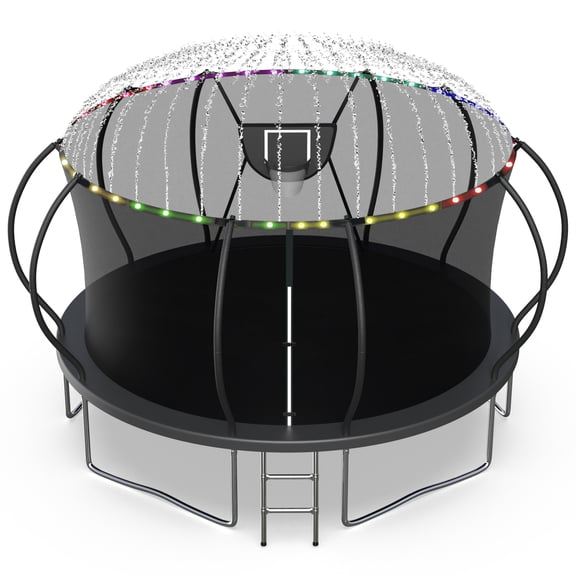 Jump Into Fun Trampoline 14FT 1400LBS for Adults and Kids, Trampoline with Enclosure Net, Basketball Hoop, LED Light Sprinkler, Outdoor Pumpkin Trampoline