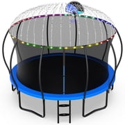 Jump Into Fun 14FT Trampoline 1400LBS for 8 Kids and Adults, Galvanized Anti-Rust Coating Pumpkin Outdoor Trampolines with Enclosure and Basketball Hoop, Lights, Sprinkler, Gift Family Use