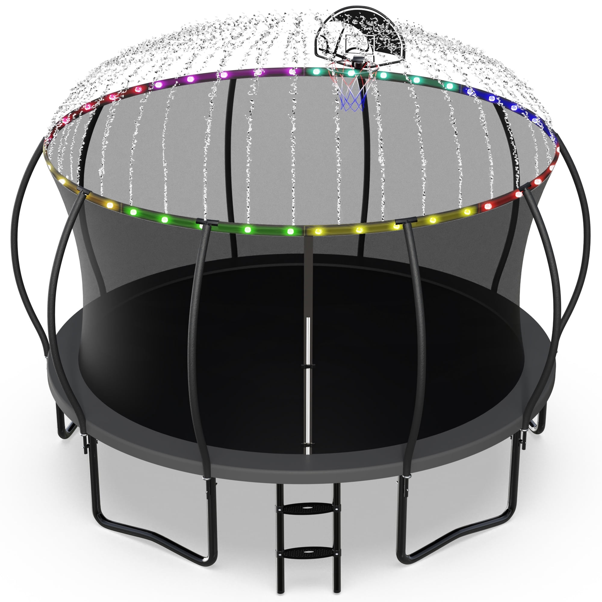 Jump Into Fun 14FT Trampoline 1400LBS for 8 Kids and Adults, Galvanized Anti-Rust Coating Pumpkin Outdoor Trampolines with Enclosure Net and Basketball Hoop, Lights, Sprinkler, Gift Family Use