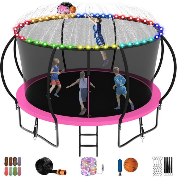 Jump Into Fun 14FT Trampoline 1400LBS for 8 Kids and Adults, Galvanized Anti-Rust Coating Pumpkin Outdoor Trampolines with Enclosure and Basketball Hoop, Lights, Sprinkler, Gift Family Use
