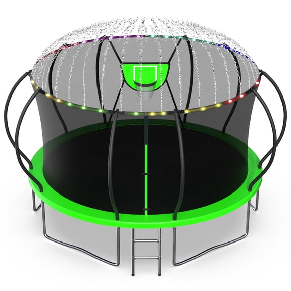 Jump Into Fun Trampoline, 14FT 1400LBS Trampoline for Adults and Kids, Trampoline with Enclosure, Basketball Hoop and Basketball, LED Light and Sprinkler, Outdoor Pumpkin Trampoline
