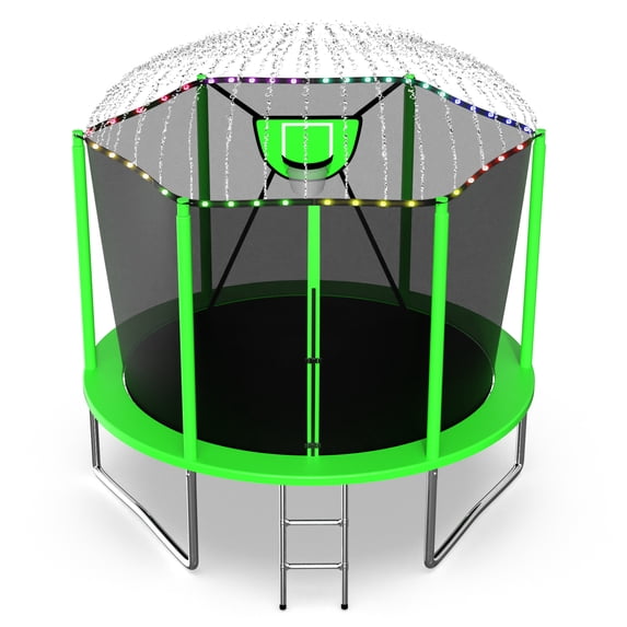 Jump Into Fun Trampoline 10FT 8 12 14 15 16FT Outdoor Trampoline for Kids and Adults with Enclosure and Basketball Hoop, Lights,Sprinklers and More Gifts, 1000LBS Trampoline for 3-4 Adults and Kids