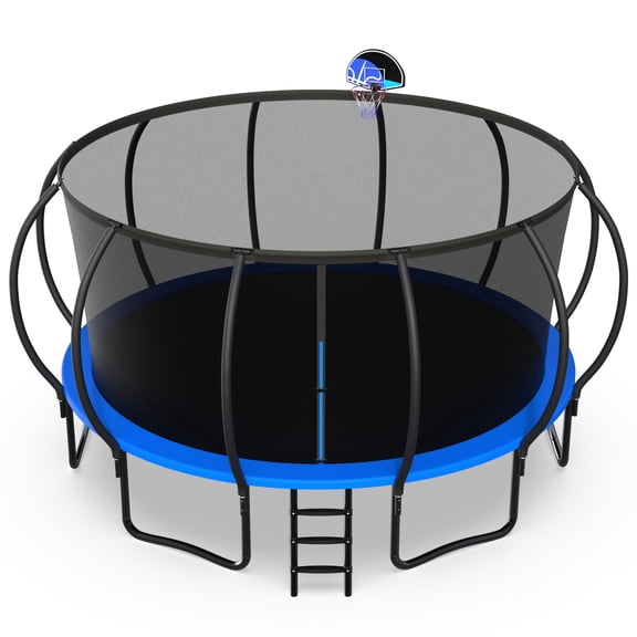 Jump Into Fun 15FT Trampoline 1500LBS for 8 Kids and Adults, Galvanized Anti-Rust Coating Pumpkin Outdoor Trampolines with Enclosure Net and Basketball Hoop, Gift Family Use