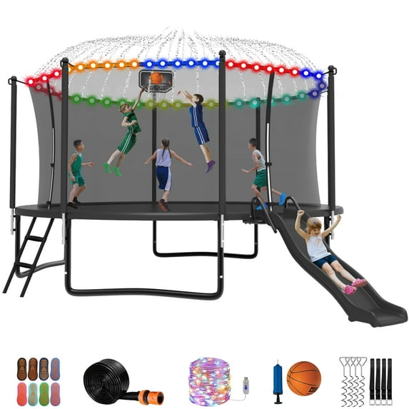 Jump Into Fun Trampoline 16 15 14 12FT for 6-8 Kids/ 2-3 Adults, Trampoline with Slide, Enclosure, Basketball Hoop, LED Light and More, 1400LBS Heavy Duty Galvanized Outdoor Trampoline for Family