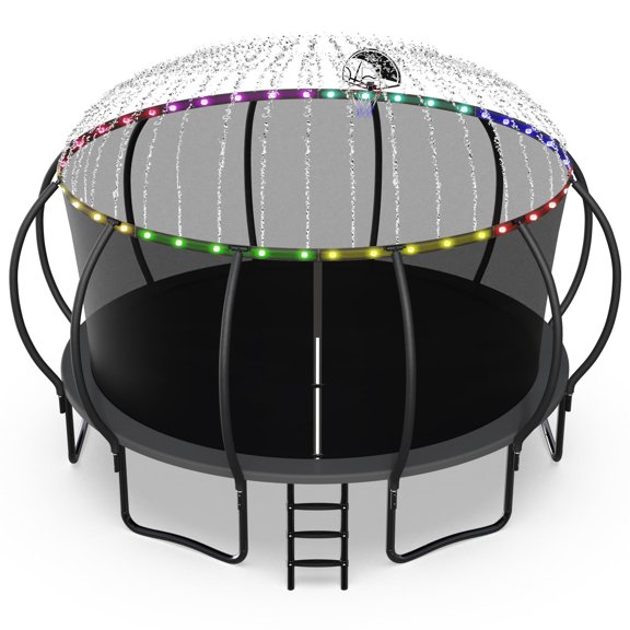 Jump Into Fun 16FT Trampoline 1500LBS for 10 Kids and Adults, Galvanized Anti-Rust Coating Pumpkin Outdoor Trampolines with Enclosure Net and Basketball Hoop, Lights, Sprinkler, Gift Family Use