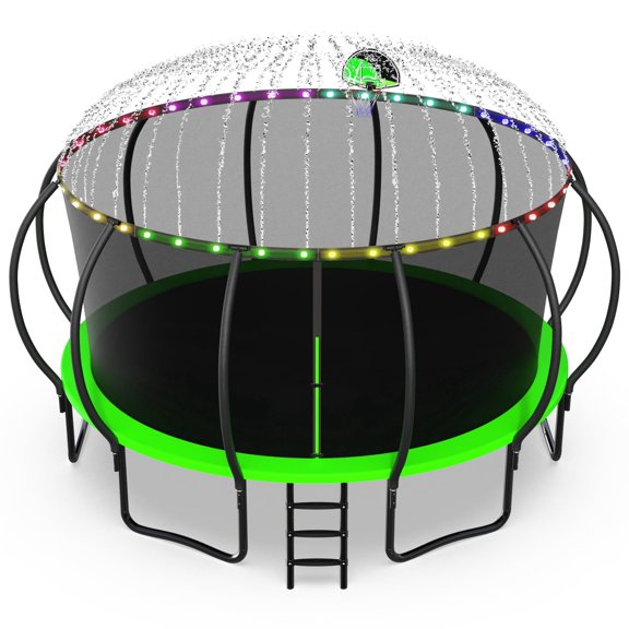 Jump Into Fun 16FT Trampoline 1500LBS for 10 Kids and Adults, Galvanized Anti-Rust Coating Pumpkin Outdoor Trampolines with Enclosure Net and Basketball Hoop, Lights, Sprinkler, Gift Family Use