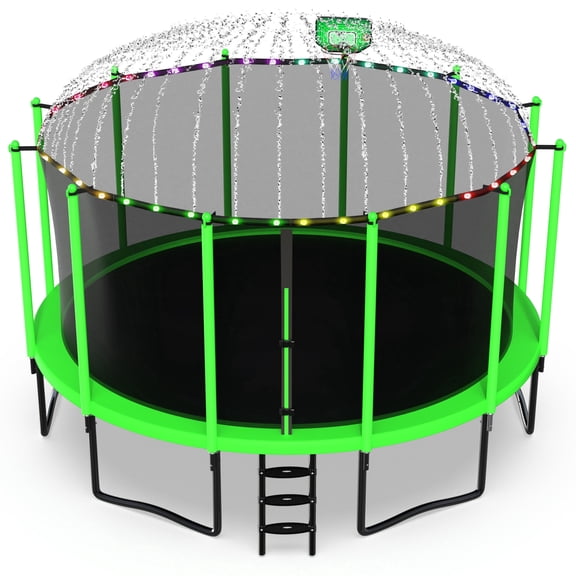 Jump Into Fun Trampoline 16FT with Basketball Hoop and Lights Sprinkler Enclosure, 1500LBS Weight Capacity Backyard Outdoor Trampoline for Adults and Kids, Trampoline for Gift, Family Use
