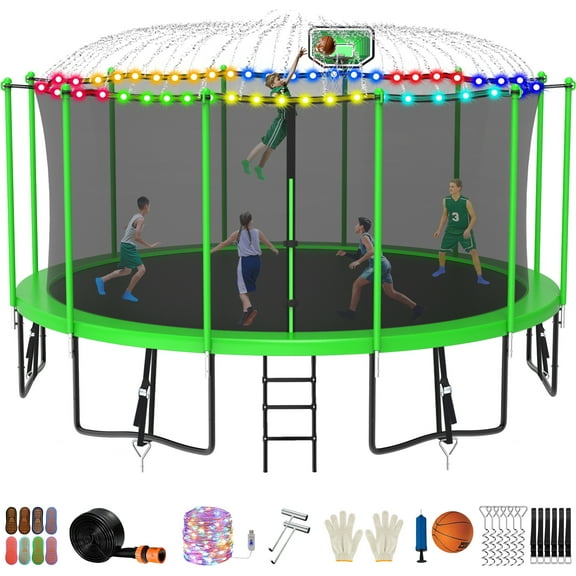 Jump Into Fun Trampoline 16FT with Basketball Hoop and Lights Sprinkler Socks Enclosure, 1500LBS Weight Capacity Backyard Outdoor Trampoline for Adults and Kids, Trampoline for Gift, Family Use
