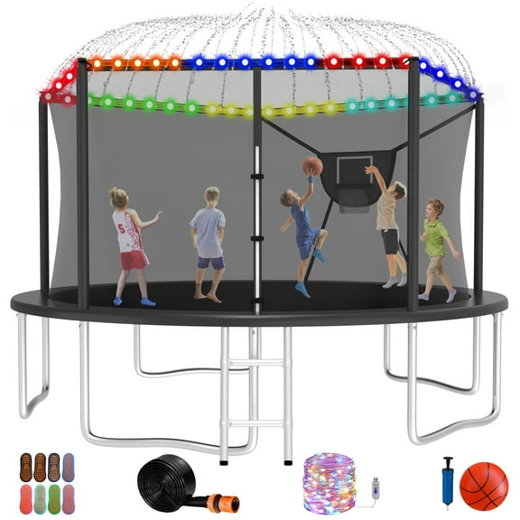 Jump Into Fun Trampoline 14FT 8 10 12 15 16FT Outdoor Trampoline for Kids and Adults with Enclosure and Basketball Hoop, Lights,Sprinklers and More Gifts, 1400LBS Trampoline for 6-8 Adults and Kids