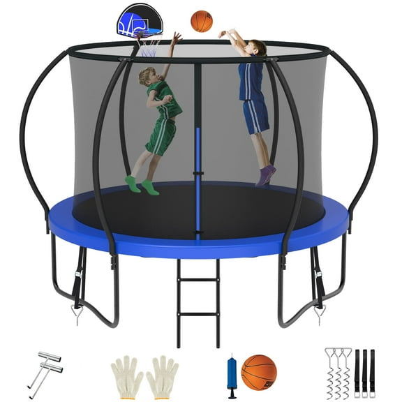 Jump Into Fun 8FT Trampoline 800LBS for 4 Kids and Adults, Galvanized Anti-Rust Coating Pumpkin Outdoor Trampolines with Enclosure Net and Basketball Hoop, Gift Family Use