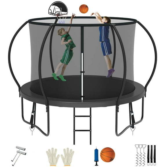 Jump Into Fun 8FT Trampoline 800LBS for 4 Kids and Adults, Galvanized Anti-Rust Coating Pumpkin Outdoor Trampolines with Enclosure Net and Basketball Hoop, Gift Family Use