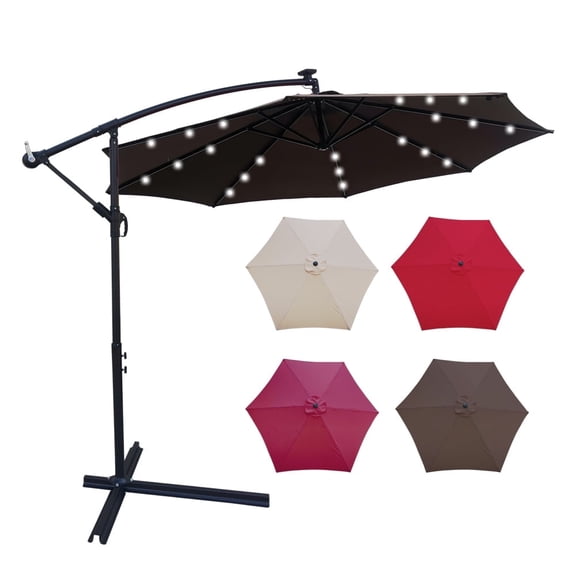 Jump Into Fun 10FT Patio Umbrella with Base Included, Outdoor Offset Cantilever Umbrella with Solar Lights, Crank and Push Button Tilt, Solar Umbrella for Garden, Backyard, Pool and Beach, Chocolate