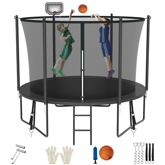 Jump Into Fun 8FT Trampoline for 2-3 Kids, 800LBS Capacity Trampolines with Enclosure, Basketball Hoop, Wind Stakes, Heavy Duty Outdoor Galvanized Anti-Rust Coating Recreational Trampoline