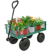 Jump Into Fun Garden Cart, Metal Wagon Cart with 10'' Tires, Upgrade Folding Heavy Duty Utility Garden Cart 650LBS Capacity with Mesh Frame, Removable Sides, Yard Wagon Cart for Backyard, Green