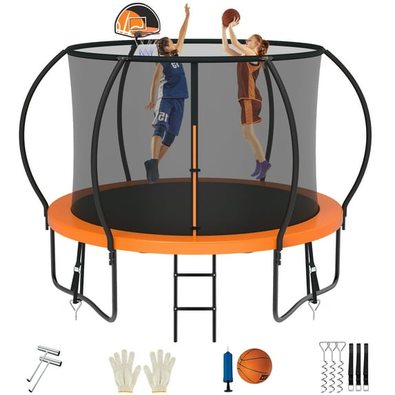 Jump Into Fun Trampoline,, 10FT 1000LBS Trampoline for 4-5 Kids, Pumpkin Trampolines with Enclosure, Basketball Hoop, Wind Stakes, Outdoor Galvanized Anti-Rust Coating Recreational Trampoline