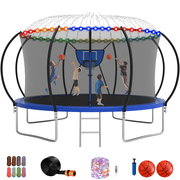 Jump Into Fun Trampoline 10FT 12FT 14FT 16FT, Trampoline with Enclosure, Basketball Hoop, 2 Balls, LED Light and More Gifts, 1200LBS Trampoline for 1-2 Adults/ 4-5 Kids, Outdoor Backyard Trampoline