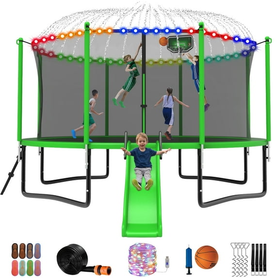 Jump Into Fun Trampoline 12FT 14FT 15FT 16FT, Trampoline with Slide, Enclosure, Basketball Hoop, Ladder, More Fun Gifts, 1200LBS Trampoline for 1-2 Adults/ 5-6 Kids, Outdoor Recreational Trampoline