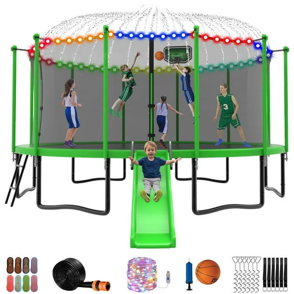 Jump Into Fun Trampoline 12FT 14FT 15FT 16FT, Trampoline with Slide, Enclosure, Basketball Hoop, Ladder, More Fun Gifts, 1500LBS Trampoline for 3-4 Adults/ 7-8 Kids, Outdoor Recreational Trampoline
