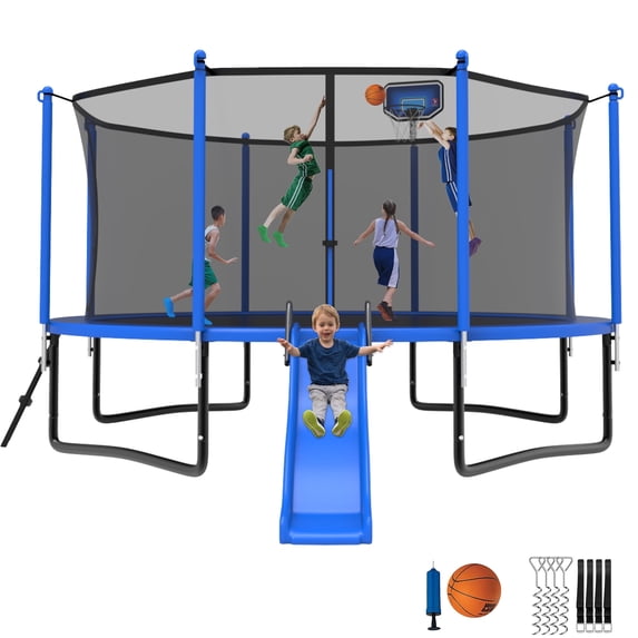 Jump Into Fun Trampoline 12FT 14FT 15FT 16FT, Trampoline with Slide, Enclosure, Basketball Hoop, Wind Stakes and Ladder, 1200LBS Trampoline for 1-2 Adults/ 5-6 Kids, Outdoor Recreational Trampoline