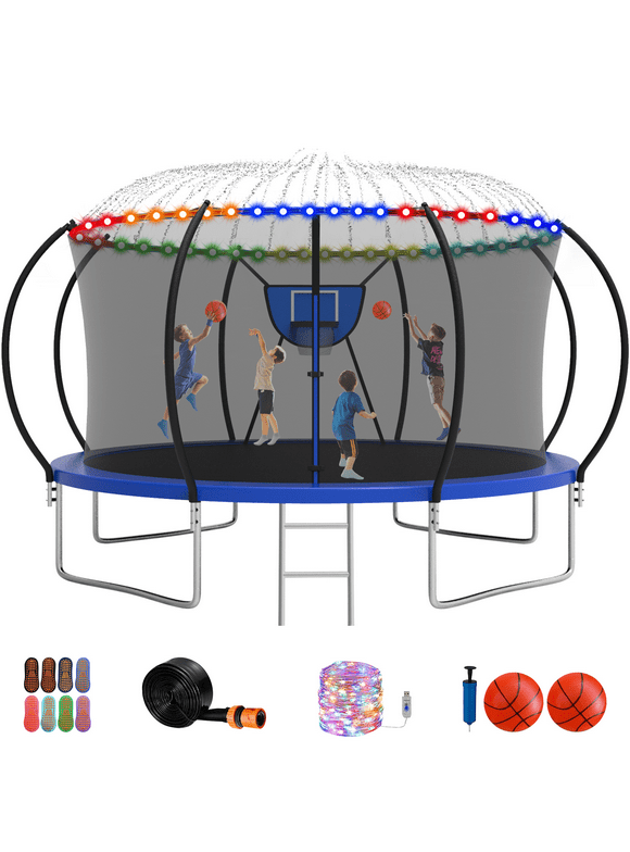 Jump Into Fun Trampoline 12FT 14FT, Trampoline with Enclosure, Basketball Hoop, 2 Balls, LED Light, Sprinkler and Socks, 1400LBS Trampoline for 1-2 Adults/ 4-5 Kids, Outdoor No Gap Design Trampoline