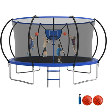 Jump Into Fun Trampoline 12FT 14FT, Trampoline with Enclosure, Basketball Hoop, 2 Balls and Ladder, 1200LBS Trampoline for 1-2 Adults/ 4-5 Kids, Outdoor No Gap Design Round Trampoline, ASTM Approved