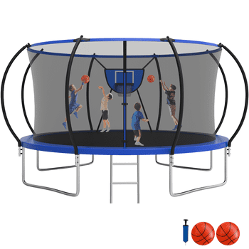 Jump Into Fun Trampoline 12FT 14FT, Trampoline with Enclosure, Basketball Hoop, 2 Balls and Ladder, 1200LBS Trampoline for 1-2 Adults/ 4-5 Kids, Outdoor No Gap Design Round Trampoline