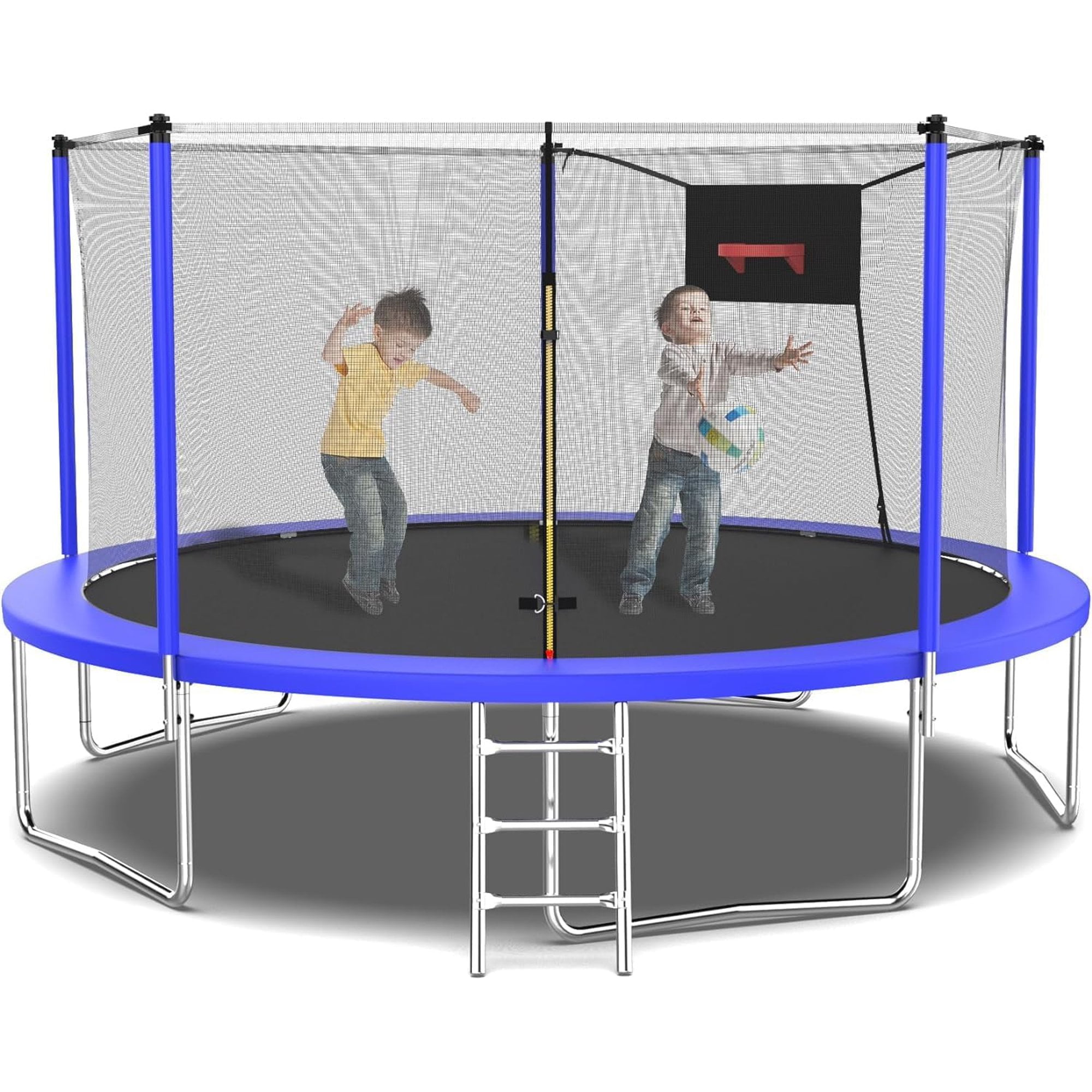 Jump Into Fun Trampoline 14FT, 1400LBS Trampoline for 2-3 Adults or 5-6 Kids, Trampoline with Enclosure, Basketball Hoop, Ladder, Recreational Outdoor Spray Galvanized Trampoline, ASTM CPC CPSIA