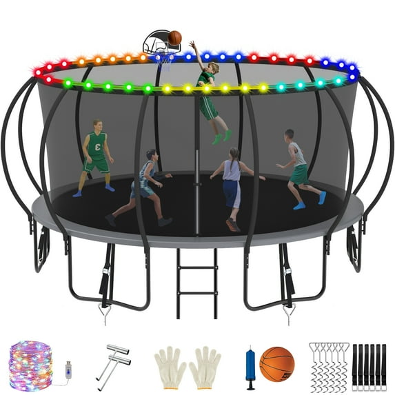Jump Into Fun Trampoline, 15FT 1500LBS Trampoline for 7-8 Kids, Pumpkin Trampolines with Enclosure, LED Light, Basketball Hoop,Outdoor Galvanized Anti-Rust Coating Recreational Trampoline for Gifts