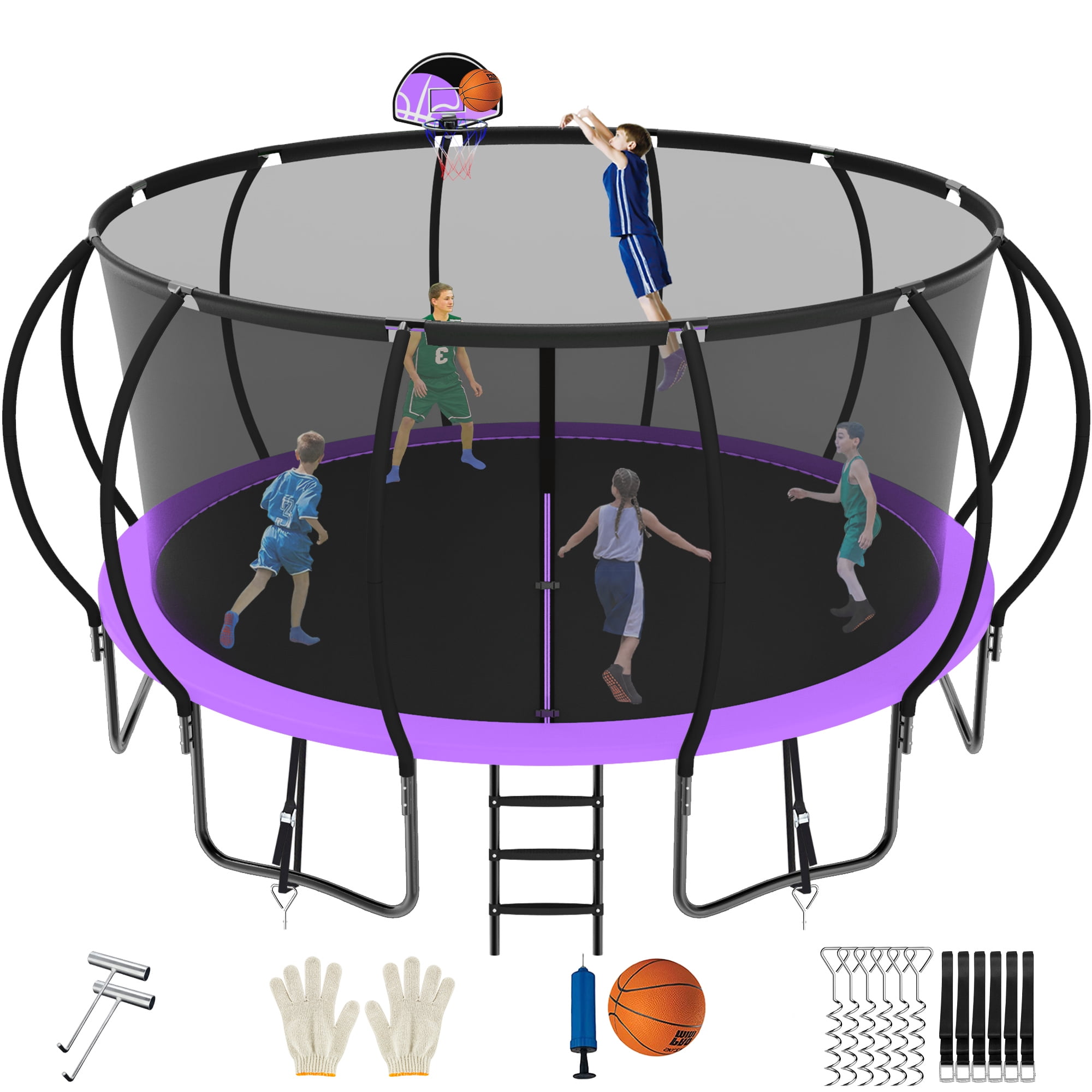 SKYUP 14FT Trampoline With Basketball Hoop | 1500lb Capacity, ASTM Approved, Safety Enclosure Net, Ladder - For Kids & Adults