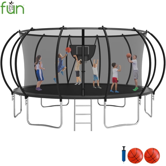 Jump Into Fun Trampoline 16FT 1500LBS, Trampoline for Adults/ 10 Kids, Trampoline with Enclosure, Basketball Hoop, 2 Balls, Outdoor Pumpkin Trampoline for Gifts