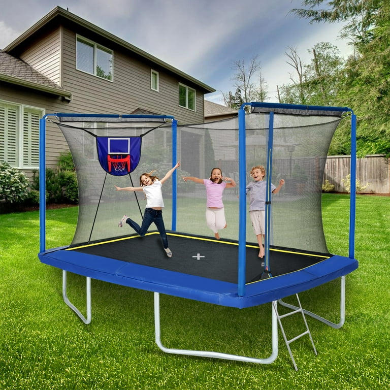 Jump Into Fun Rectangle Trampoline 8FT x 12FT Outdoor Rectangular Trampoline with Enclosure Basketball Hoop Rectangle Trampoline for Kids and