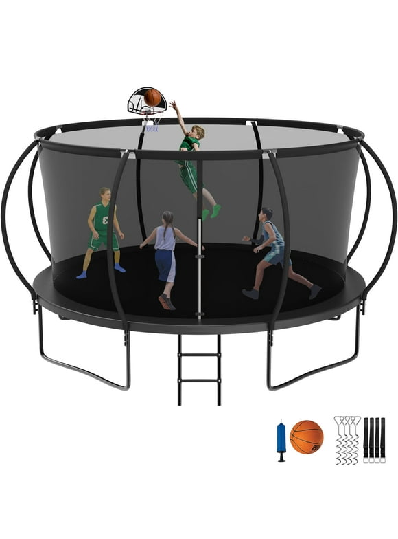 Jump Into Fun Trampoline with Enclosure, 12 14 15 16FT 1400LBS Trampoline for Kids/Adults with Basketball Hoop, Stakes, Ladder, Outdoor Recreational Black Trampoline Capacity 7-8 Kids