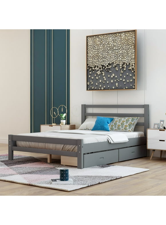 Jump Into Fun Wood Full Bed Frame, Platform Bed Frame with Two Drawers, Slat Support, Headboard and Footboard, Full-size Bed Frame for Adults Kids Grils Boys, Space-saving, No Box Spring Needed, Gray