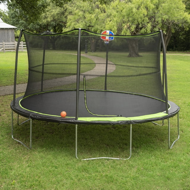 Jump King 14ft Trampoline With Basketball Hoop, Safety Enclosure, Green