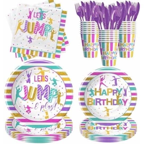 Jump Party Decorations Tableware - Trampoline Birthday Party Supplies, Paper Plate, Cup, Napkin, Disposable Cutlery, Jumping Theme Let's Jump 1st 2nd 3rd Birthday Table Decorations | Serve 24