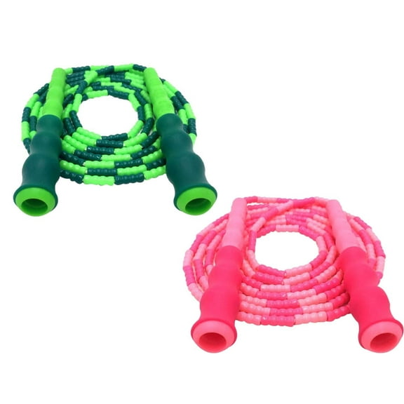 Jump Rope Adjustable with Anti-Slip Grip Soft Plastic Beaded Tangle-Free (Green-Pink)