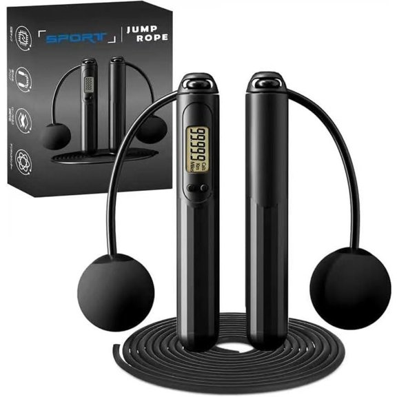 Jump Rope with Counter 2-in-1 Weighted Corded & Cordless Skipping Rope with LCD Display, Adjustable Length and Steel Ball Bearings for Calorie/Count . For Adult Fitness Gym Workouts.