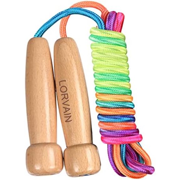 Jump Rope for Kids, Adjustable Kids Jump Ropes for Girls Boys Toddler Fitness, Cotton Skipping Rope with Wooden Handle for Outdoor Fun Activities Exercise Rainbow-1pcs