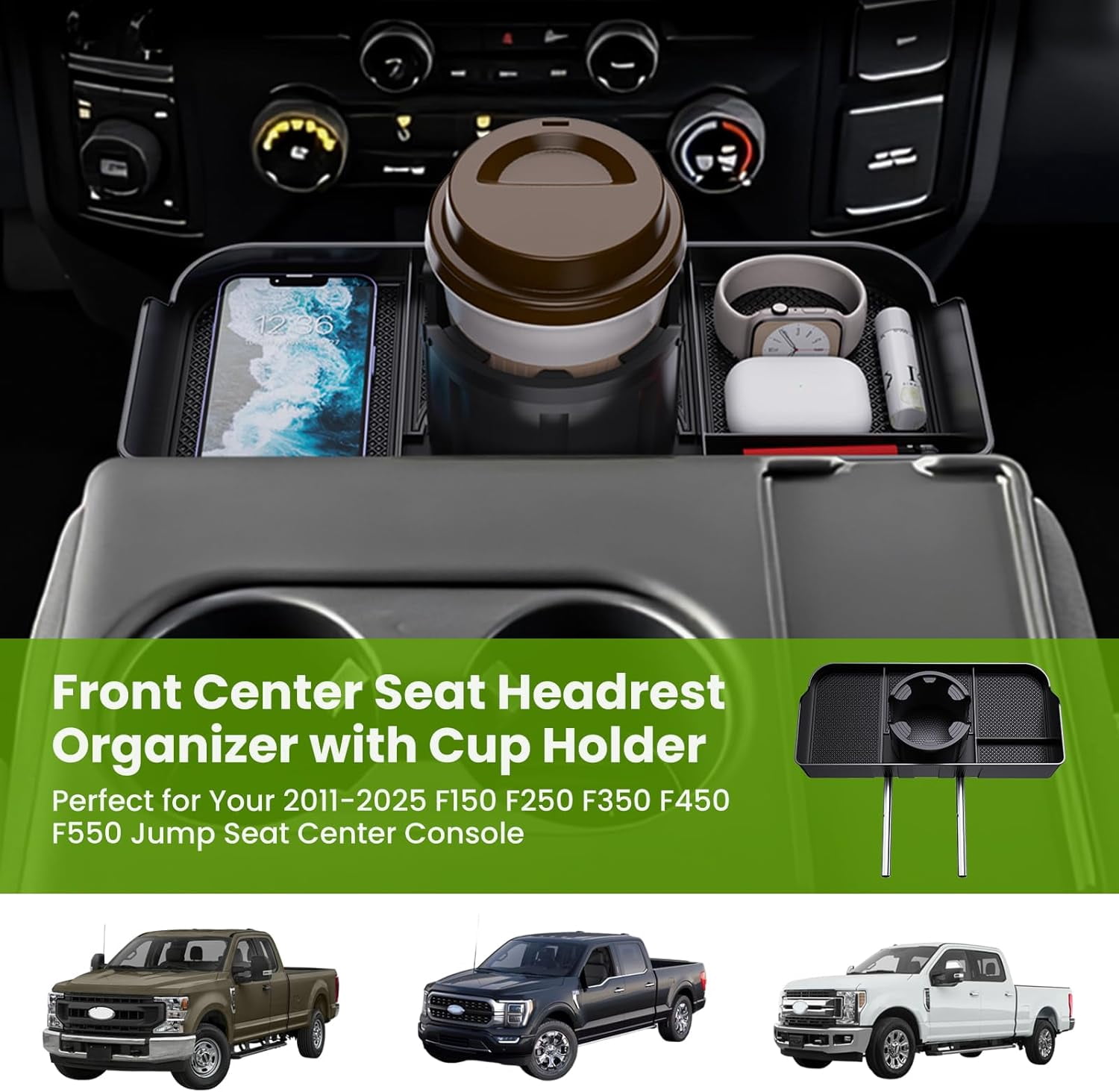 Jump Seat Only Headrest Organizer for Ford F-Series 2011-2025, Front Center Seat Tray Container with Cup Holder, Durable Storage Box for F150, F250, F350 & F450+