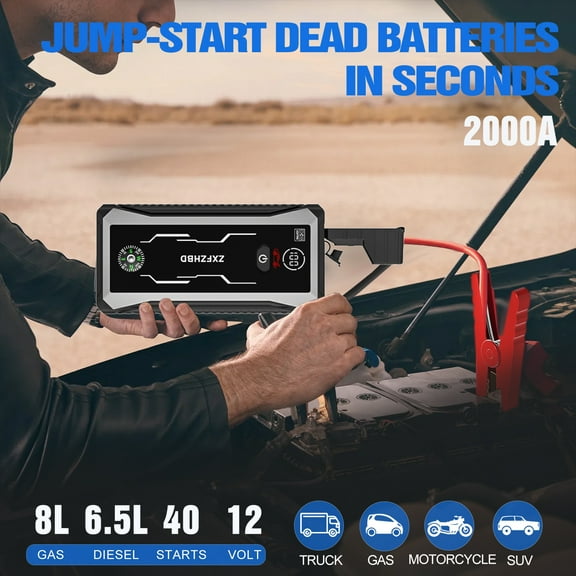 Jump Starter 2000A Jump Starter Battery Pack for Up to 8L Gas and 6.5L Diesel Engines, 12V Portable Jump Starter Box with LCD Display,3 Modes Flashlight and Jumper Cable