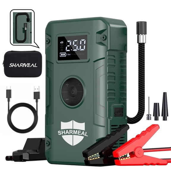 Sharmeal 6000A Jump Starter with Air Compressor,Portable Power Bank, LCD Display and Emergency Light,150PSI Car Starter Battery (10.0 Gas/8.0L Diesel), 12V Car Battery Jump Starter