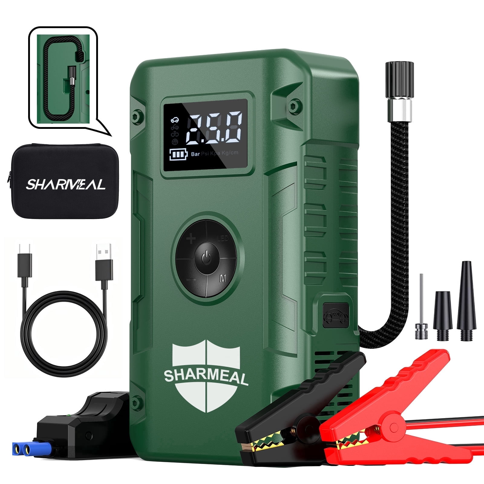 Sharmeal 7000A Jump Starter with Air Compressor,Jumper cable, LCD Display and Emergency Light,150PSI Car Starter Battery (10.0 Gas/8.0L Diesel), 12V battery jumper starter portable