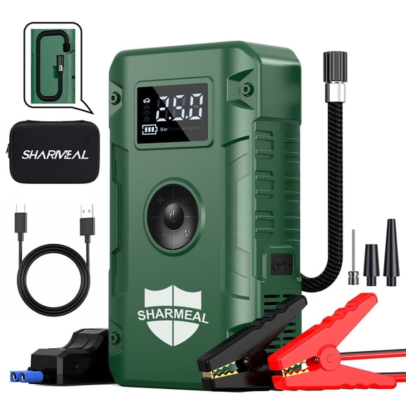 Sharmeal 7000A Jump Starter with Air Compressor,Jumper cable, LCD Display and Emergency Light,150PSI Car Starter Battery (10.0 Gas/8.0L Diesel), 12V battery jumper starter portable