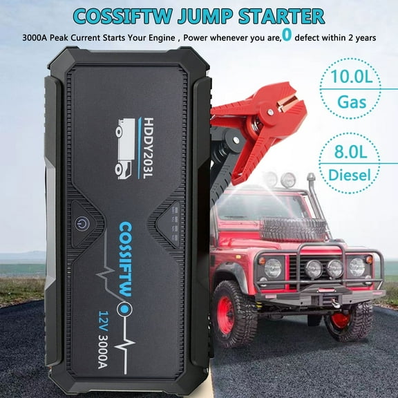 Jump Starter 3000A Peak Car Starter Cold Crank(Up to 10L Gas or 8L Diesel Engine) 12V Jump Box Battery Booster Portable Power Pack with USB Quick Charge for Pickup Motorcycle Boat RV Tractor