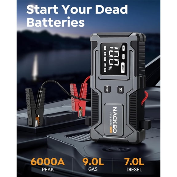 Jump Starter 6000A, 12V Car Battery Jump Starter with Built-in Smart Jumper Cables, Car Jump Starter Jump Box Portable Jumper Cables for car (9.0L Gas/7.0L Diesel), LCD Display, LED Light