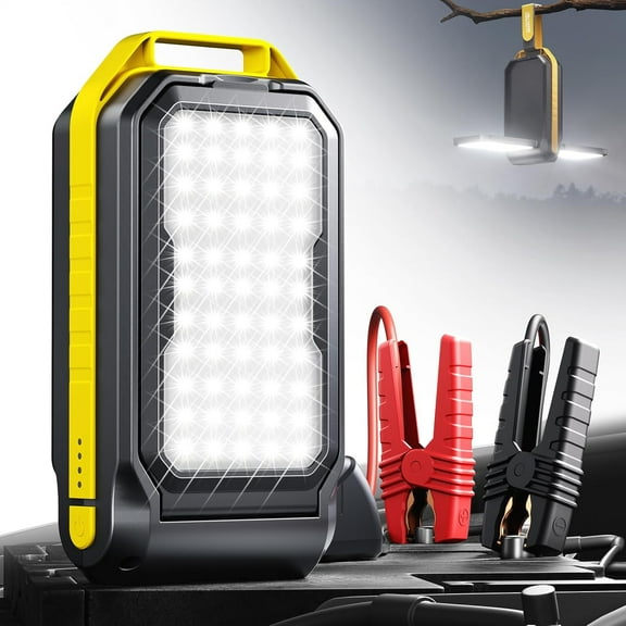 Jump Starter: 6000A Car Portable-Battery Jumper Box with 4000LM LED Outdoor Camping Light and Power Bank Function, Up to 10.5L Gas and 10L Diesel Engines, USB Ports and Jumper Cable Included